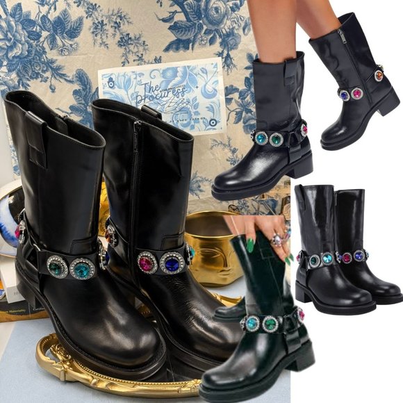 🆕 KURT GEIGER LONDON 🧿 NWOB Octavia Crystal-Embellished Biker Boots Sz 37 US 7